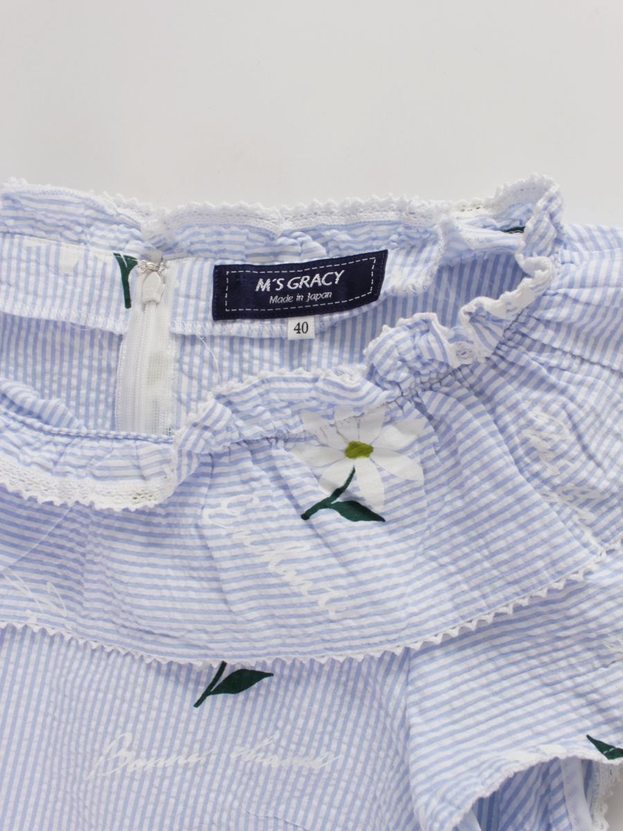 エムズグレイシー 310311 トップス 40 ブルー/ホワイト ストライプ マーガレット柄 花 ITIATCVLOB66