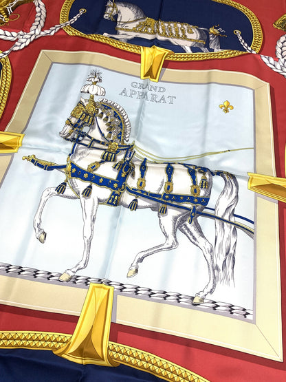 エルメス GRAND APPARAT スカーフ ショール ストール ネイビー 盛装の馬 カレ140 シルク カシミア ITOFXJ1IKESW