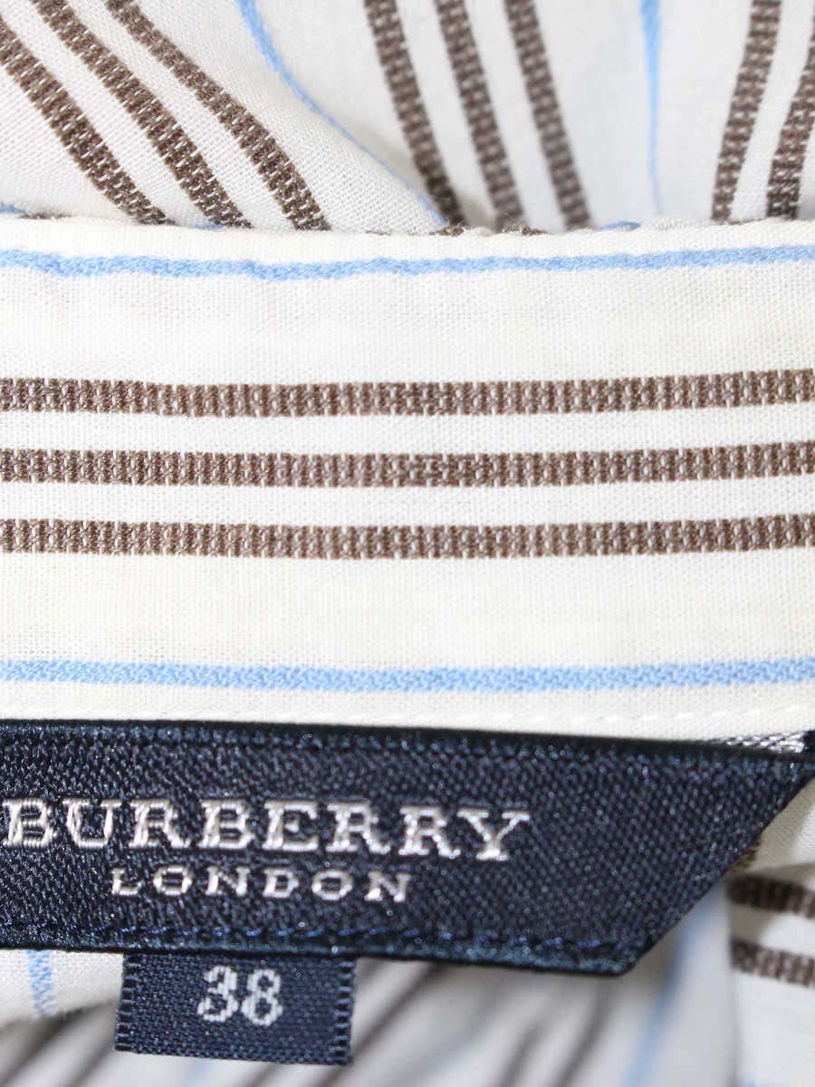 バーバリーロンドン FEA50-033-05 シャツ 38 ホワイト/ブラウン/ブルー ストライプ フリル ITIRWACU5HCH