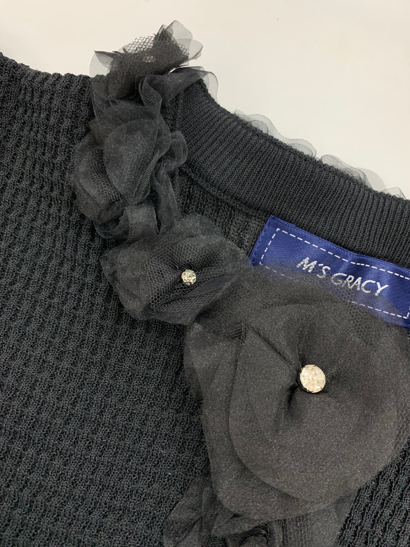 エムズグレイシー 518509 カーディガン 40 ブラック 花 フリル ラインストーン レース メッシュ ITA83HA53HFO