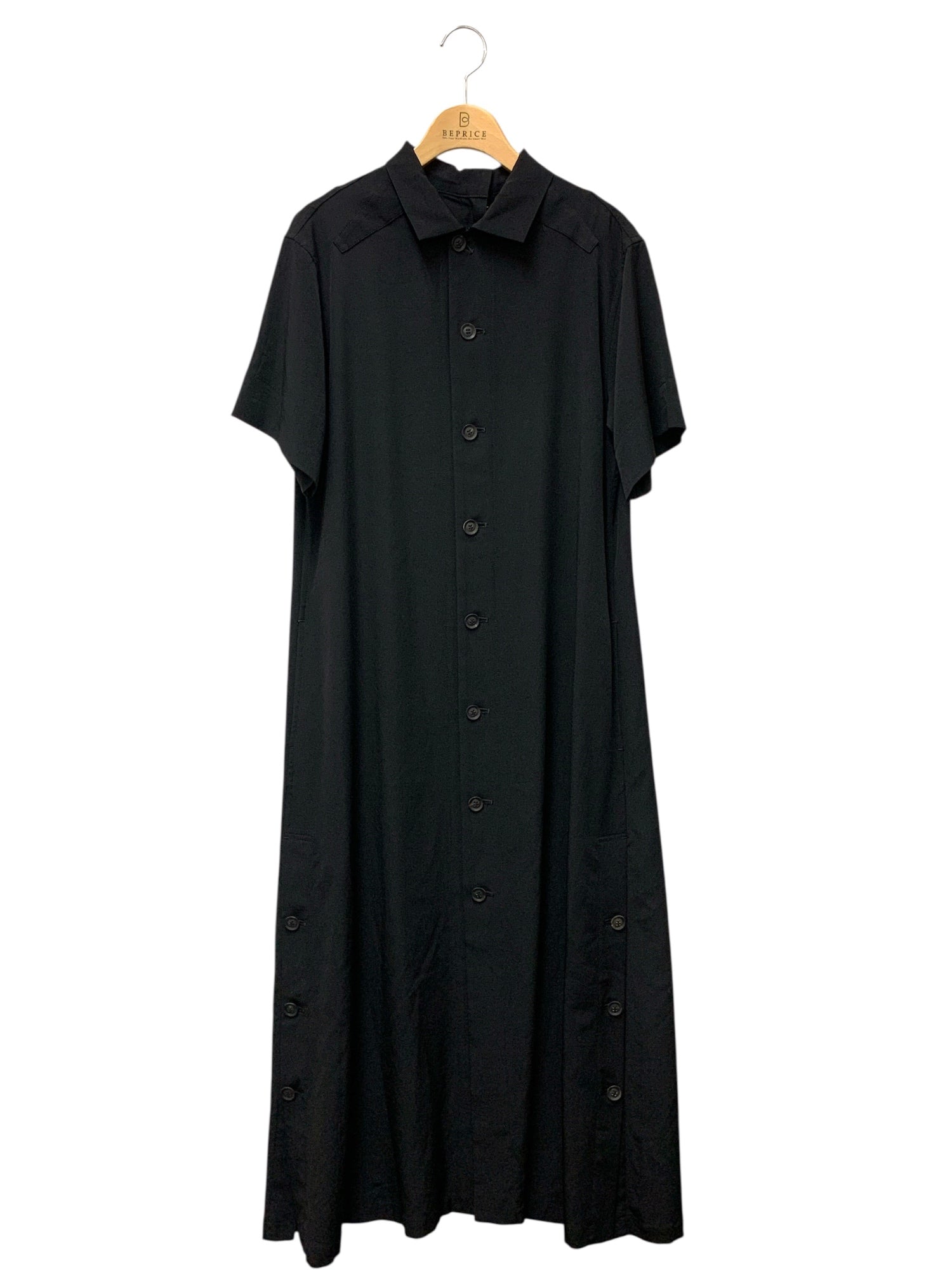 <ヨウジヤマモト>長袖ワンピース ボタン付きブラック ヨウジヤマモト TA/PE CREPE DE CHINE B/COLLAR GUSSET LONG D ND-D51