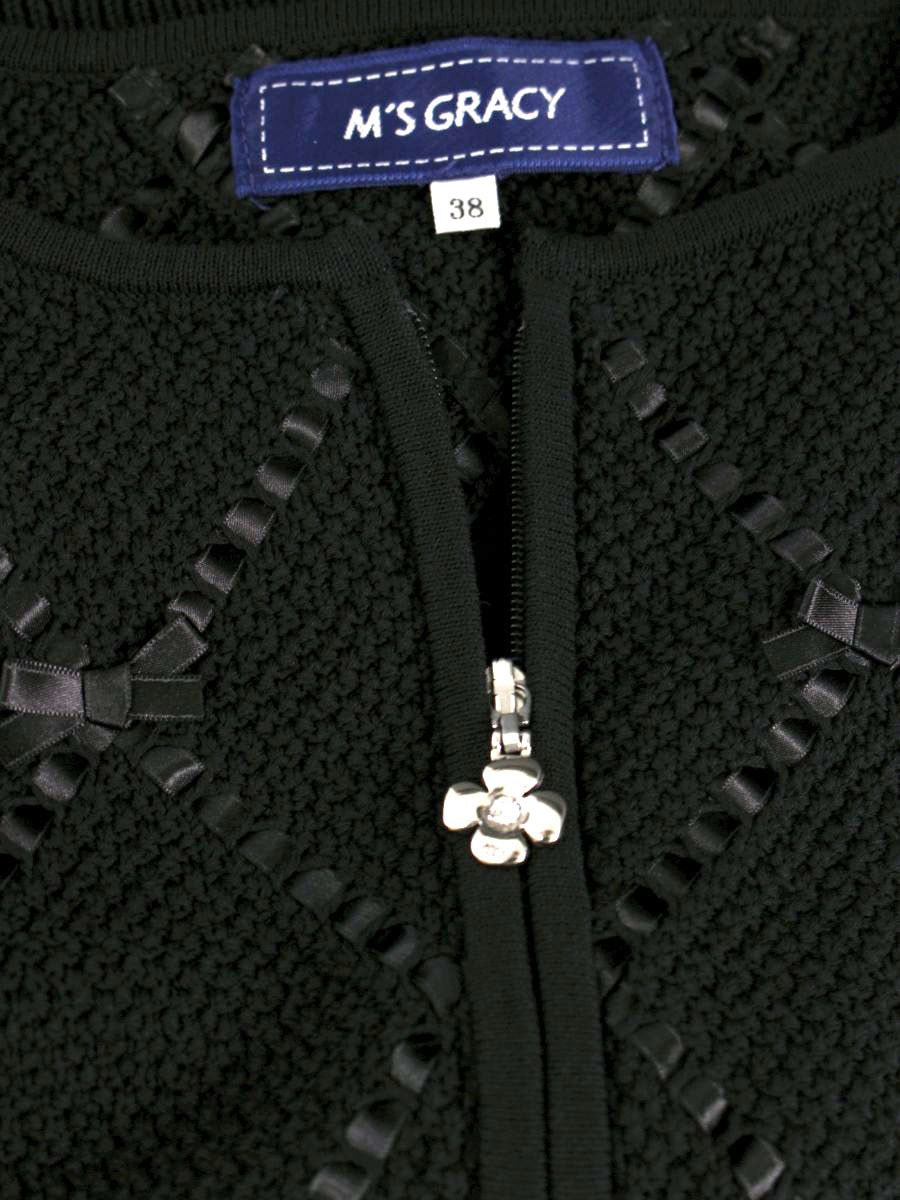 エムズグレイシー 818137 カーディガン 38 ブラック ジップアップ リボン ITS86AEXJOXG