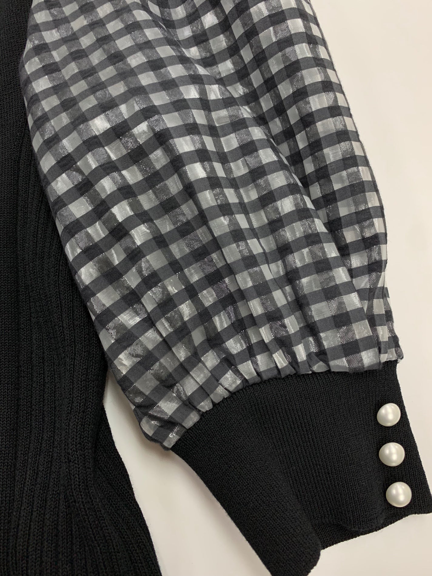 ルネ 5422031 カーディガン 34 ブラック 異素材ミックス チェックバルーンスリーブ パール ダブルジップ ITKAZFH7IENC