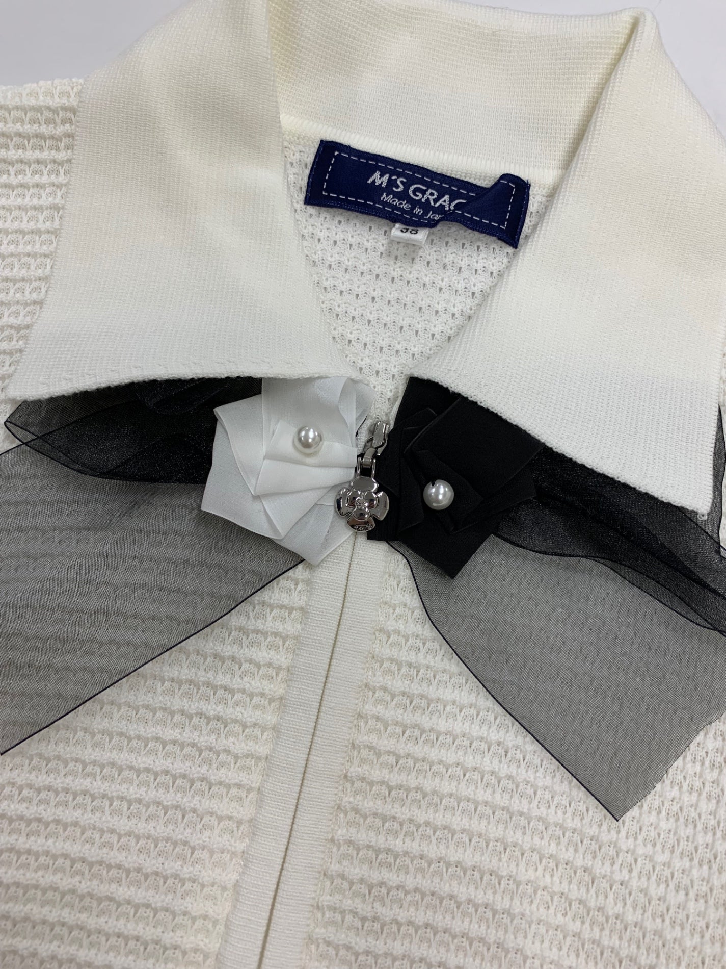 エムズグレイシー バイカラージップアップ 418124 ニットジャケット 38 ホワイト リボン ITZESD9OCOVE