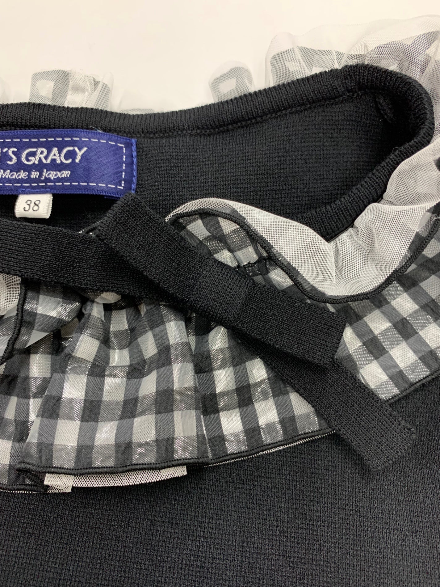 エムズグレイシー 518328 プルオーバー 38 ブラック フリル リボン チェック IT7HKPFP6BDO 【SALE】