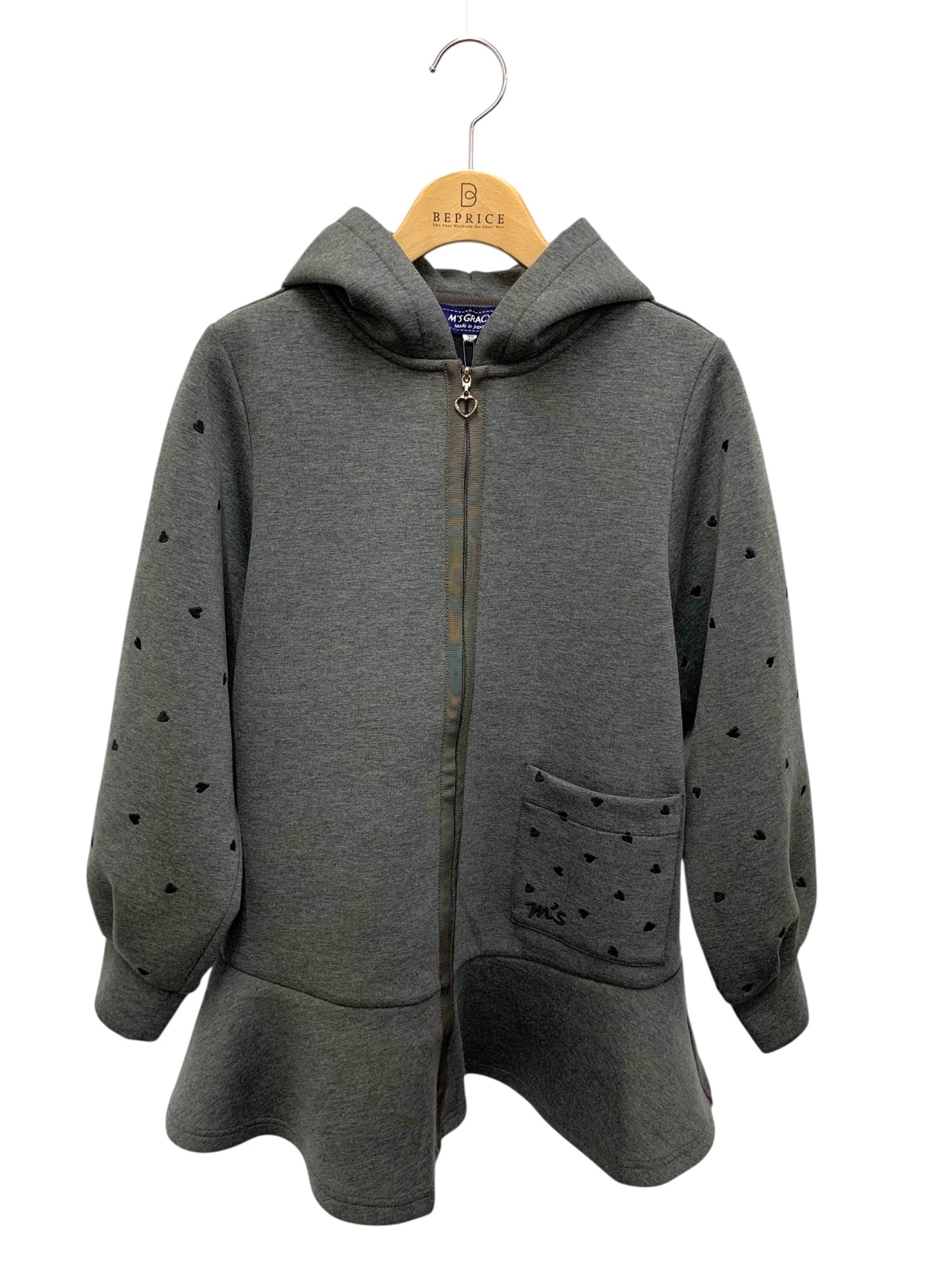 M'S GRACY ハート刺繍グレー パーカー 38 エムズグレイシー 315704 パーカー 38 グレー ハート刺繍 フード