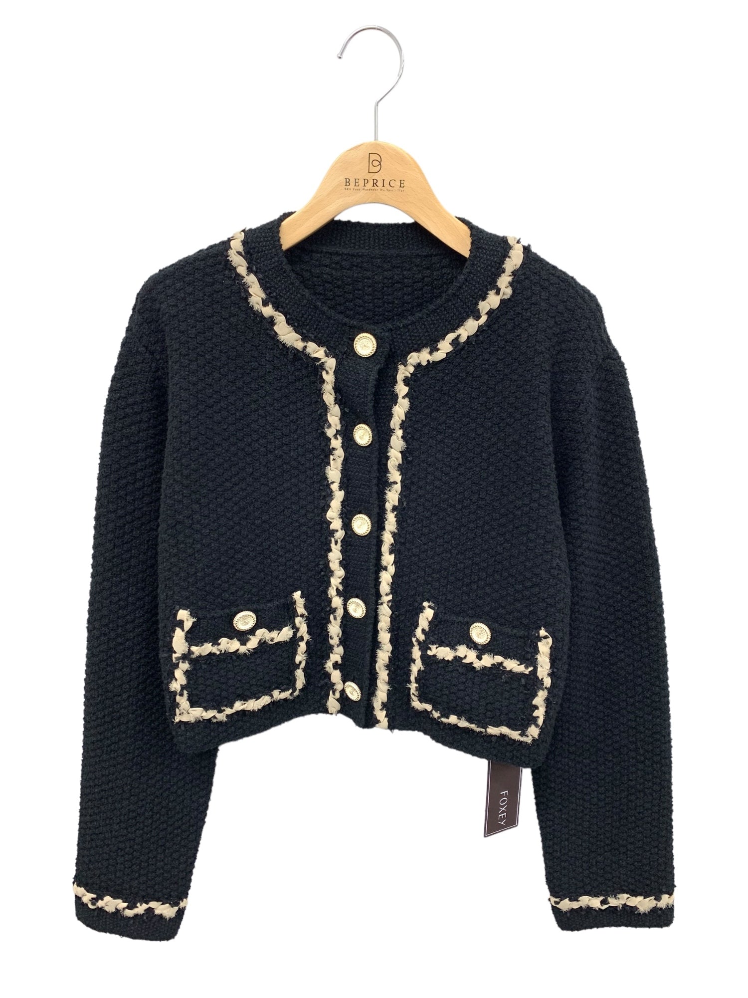 フォクシーブティック KNIT Jacket Bonheur 44130 ノーカラージャケット 38 ブラック | 中古ブランド品・古着通販ビープライス