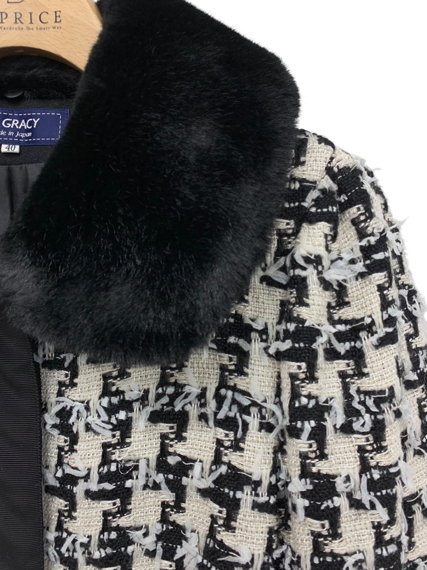 エムズグレイシー 919526 コート 40 ホワイト ファー付き ツイード ITBOC41A8GC4