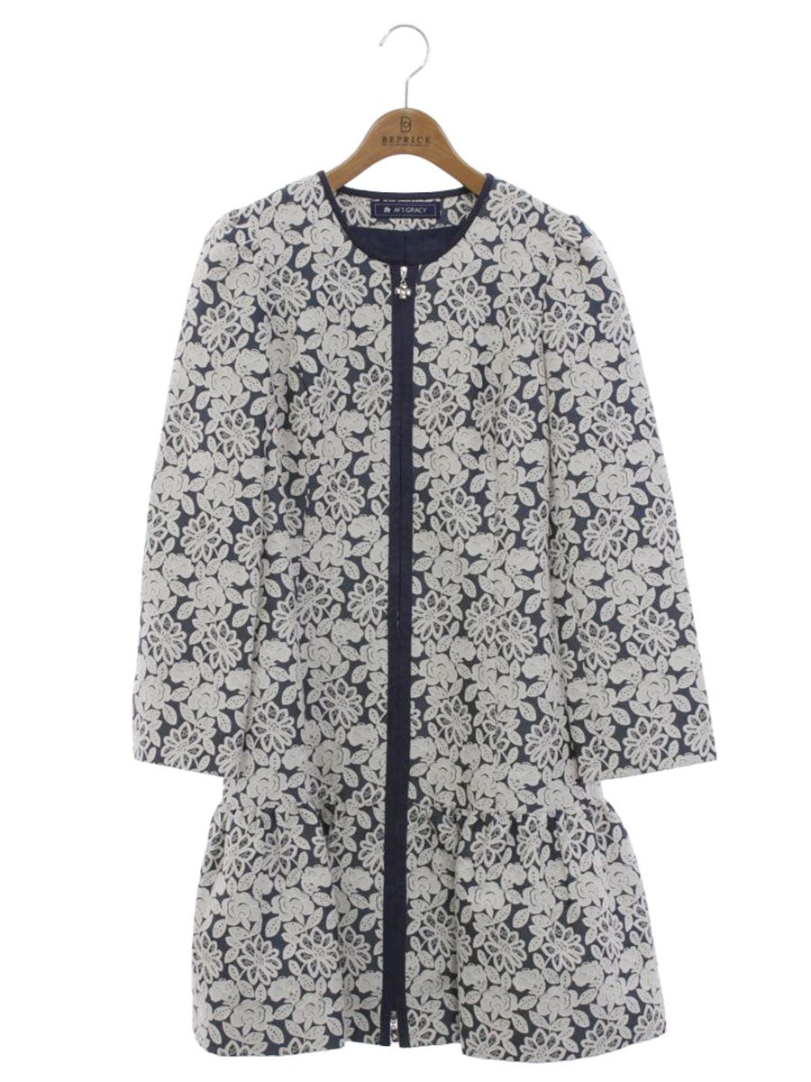 エムズグレイシー 629101 コート 38 ブルー フラワーモチーフ レースノーカラー カメリア Wジップ ITB119EMRSAN 【SALE】