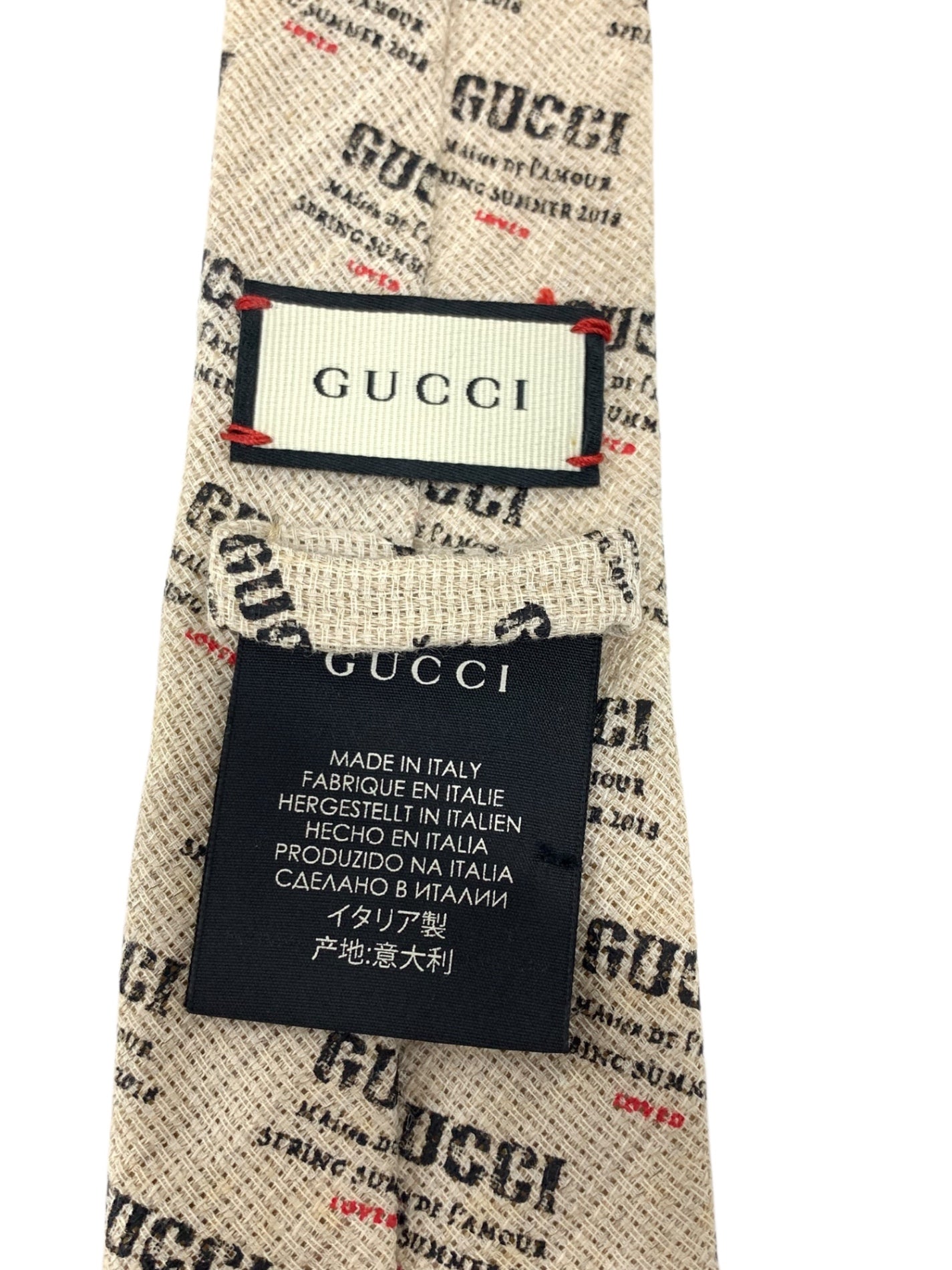 グッチ ベージュ 18SS スタンプロゴ コットンリネン 総柄 ネクタイ 148×7㎝ ITXFL6QSJ3XW