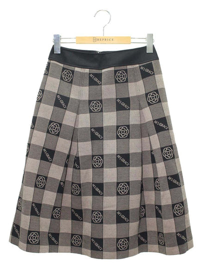 エムズグレイシー 417616 スカート 36 ブラウン カメリア柄 チェック タックフレア ITGP2P53MVK0