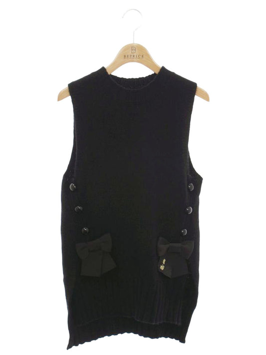 エムズグレイシー 018538 ベスト 38 ブラック ウール混 リボン 飾りボタン ITIBQR1I6DQ8