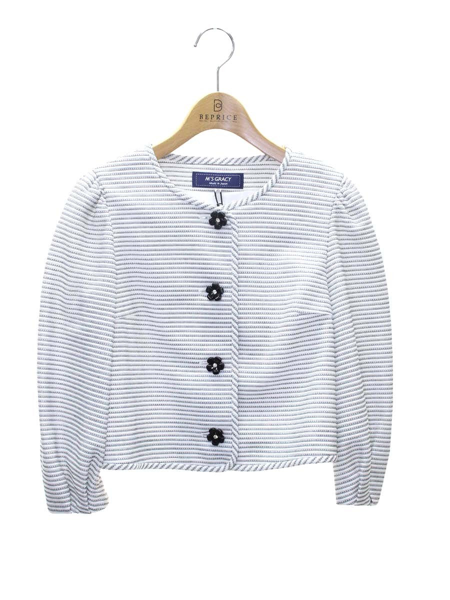 エムズグレイシー 314302 ジャケット 36 ホワイト ノーカラー カメリアボタン ボーダー ITTKPO8OP27A