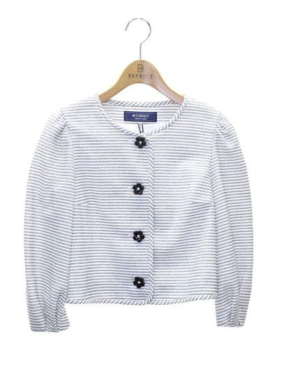 エムズグレイシー 314302 ジャケット 36 ホワイト ノーカラー カメリアボタン ボーダー ITTKPO8OP27A