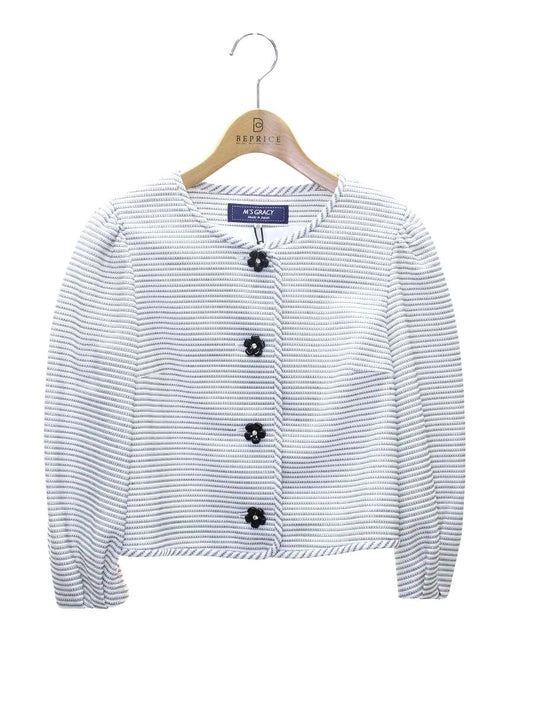 エムズグレイシー 314302 ジャケット 36 ホワイト ノーカラー カメリアボタン ボーダー ITTKPO8OP27A