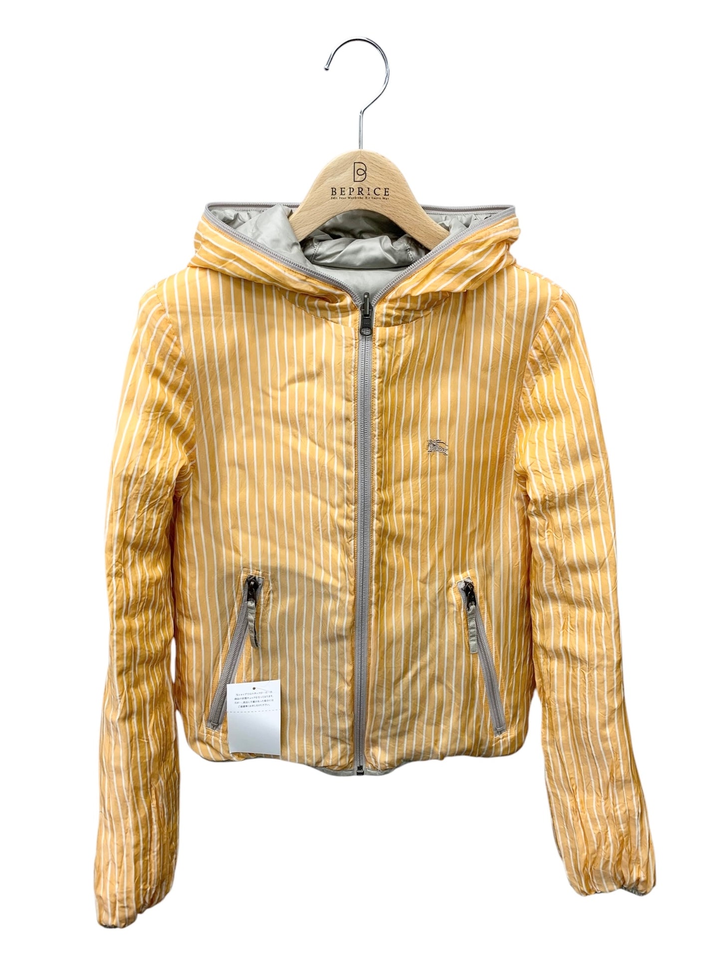 バーバリーブルーレーベル ダウンジャケット 38 グレー リバーシブル ストライプ フード付き ITTZ4U8MBIJA