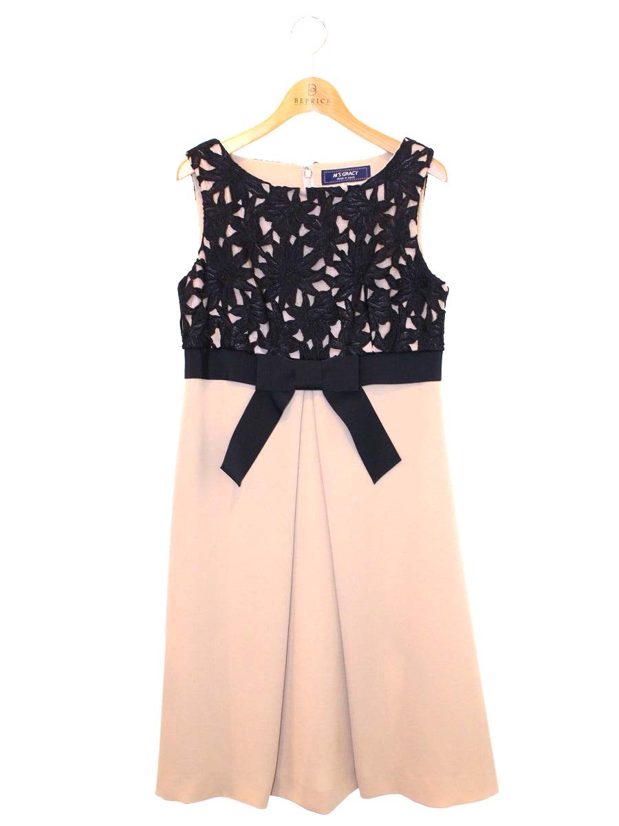 エムズグレイシー Navy x Beige Dress 911323 ワンピース 38 ベージュ フラワーモチーフ ITH33S579FG8