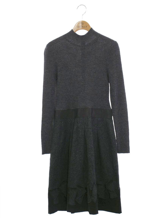 エムズグレイシー 721561 ワンピース 38 グレー ニット 切替 ハイネック 千鳥格子柄 ITJ8NTCPIBRQ