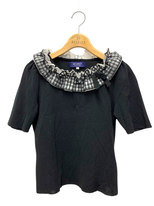 エムズグレイシー 518328 プルオーバー 38 ブラック フリル リボン チェック IT7HKPFP6BDO