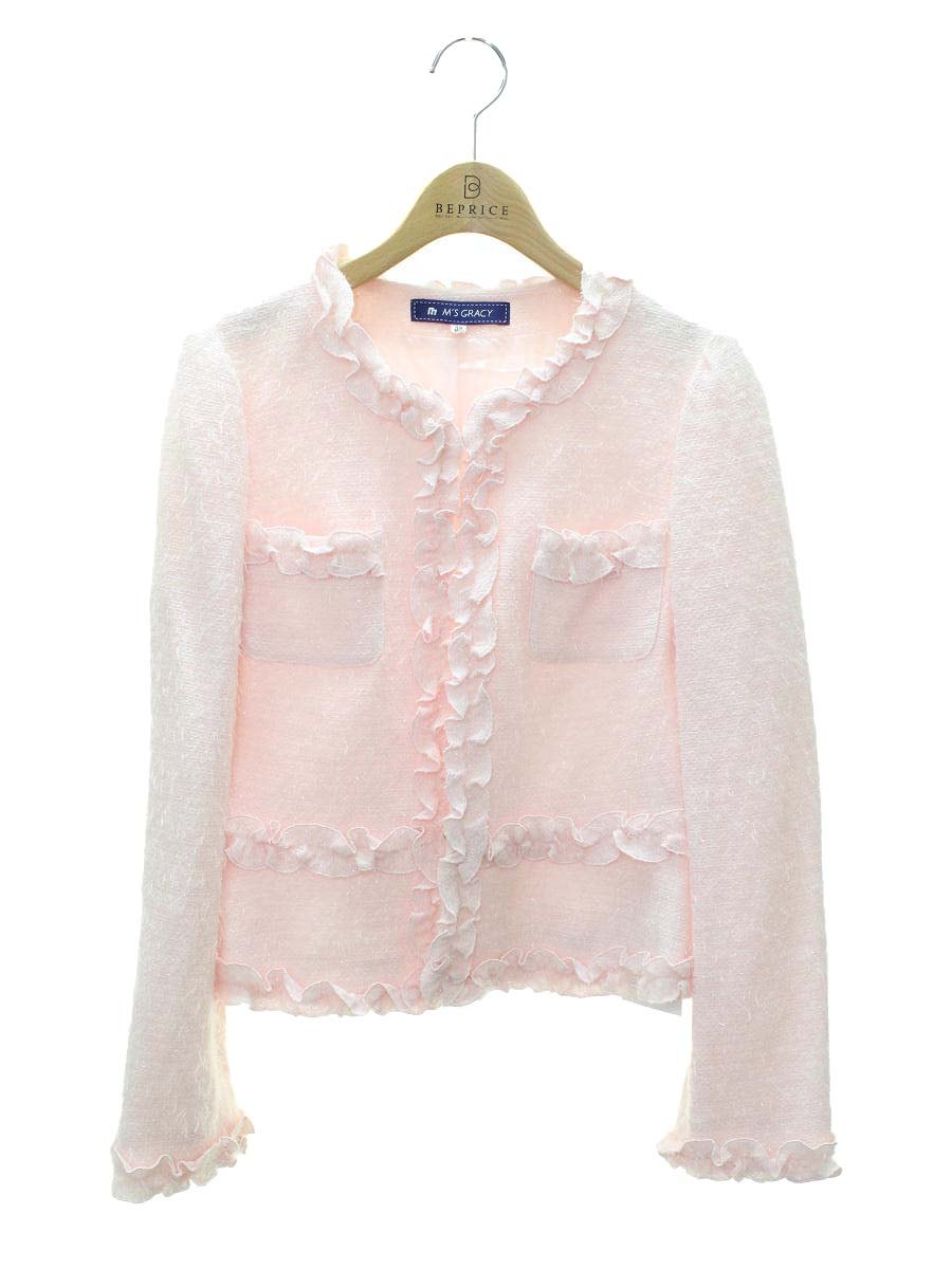 エムズグレイシー 124709 ジャケット 38 ピンク フリル ストーン ノーカラー IT44C6T2QDOW