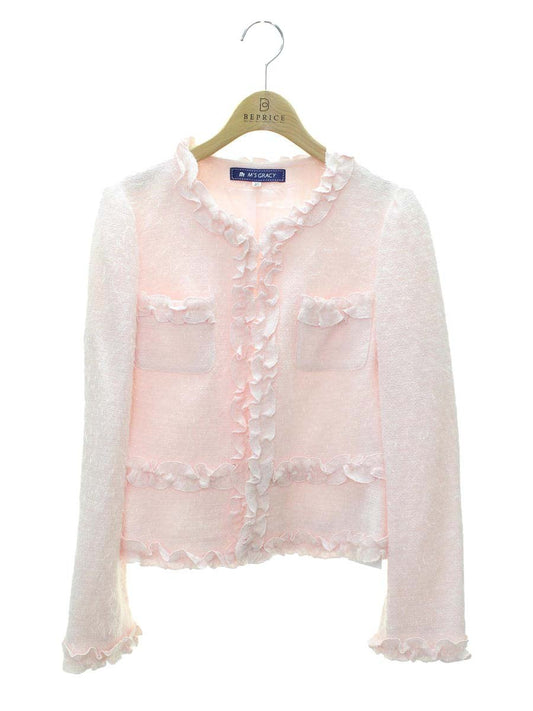 エムズグレイシー 124709 ジャケット 38 ピンク フリル ストーン ノーカラー IT44C6T2QDOW