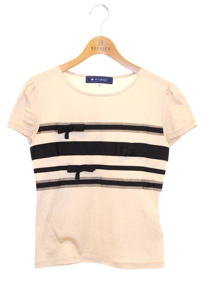 エムズグレイシー 725317 Tシャツ カットソー 38 ベージュ グログランリボン チュール IT5D4P4C6F64