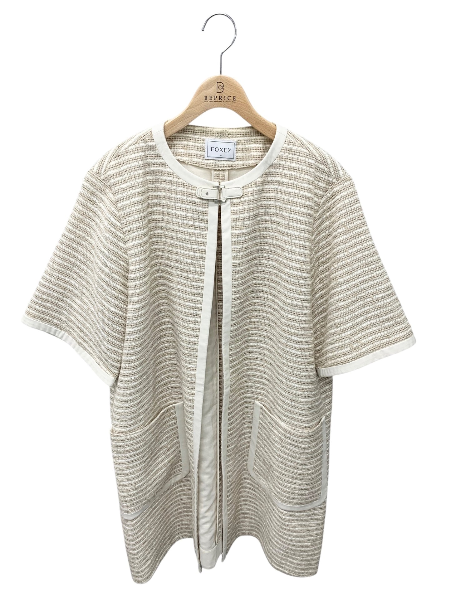 フォクシーブティック コート Mille Feuille 35302 40 ベージュ ツィード 合皮レザー ITDXVA9VYGAN