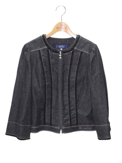 エムズグレイシー 114113 デニムジャケット 40 ブラック ノーカラー フリル ロゴ IT0YA3KDD1R2