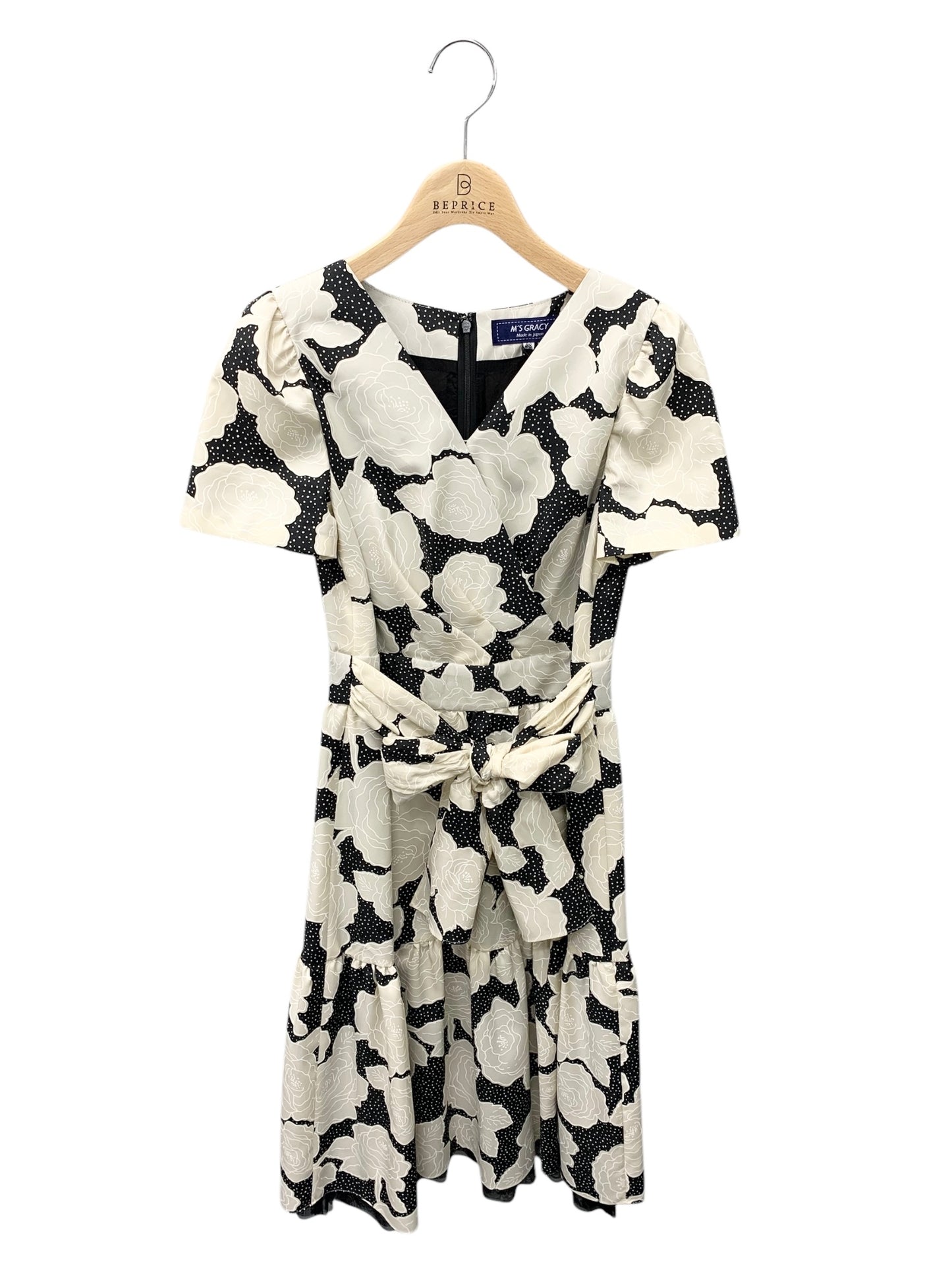 エムズグレイシー ローズプリントカシュクールドレス 011329 ワンピース 38 ベージュ ブラック フラワーモチーフ ITQH5URF4ZCG