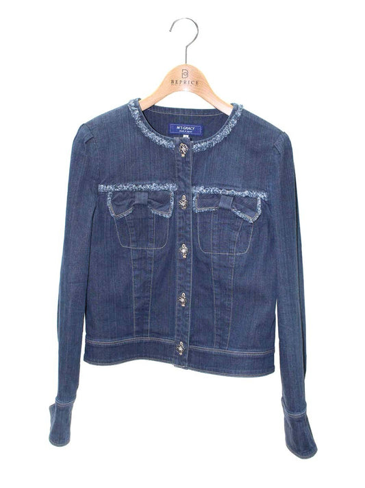 エムズグレイシー 914108 Ｇジャン 38 ブルー デニム ウォッシュ加工 ノーカラー フラワーボタン ITA2DGPOVNB8