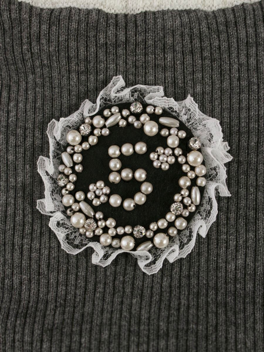 スーパービューティー ワンピース  40 グレー ニット フェイクパール ラインストーン ITQGIYG6WMX6