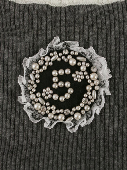 スーパービューティー ワンピース  40 グレー ニット フェイクパール ラインストーン ITQGIYG6WMX6