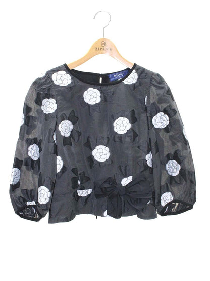 エムズグレイシー ブラウス 810106 Tシャツ カットソー 38 チャコール カメリア リボン パフスリーブ ITN4MQ5KK6VX