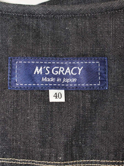 エムズグレイシー 114113 デニムジャケット 40 ブラック ノーカラー フリル ロゴ IT0YA3KDD1R2