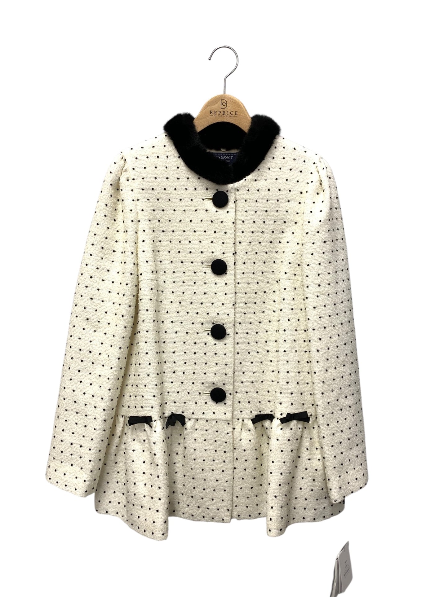 エムズグレイシー ドット風ペプラム 419610 ショートコート 42 ホワイト リボン フェイクファー衿 ITXRJYOTLGLC