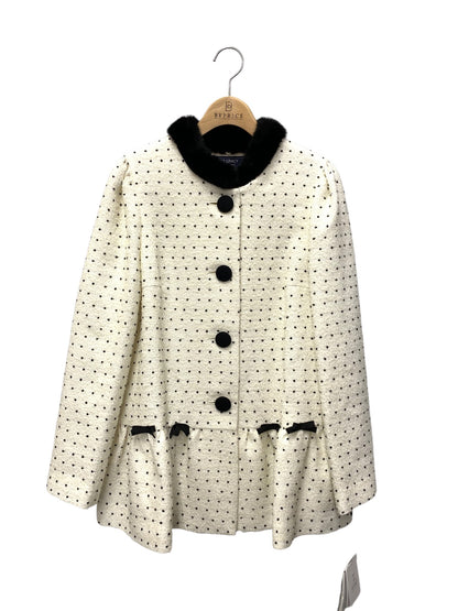 エムズグレイシー ドット風ペプラム 419610 ショートコート 42 ホワイト リボン フェイクファー衿 ITXRJYOTLGLC
