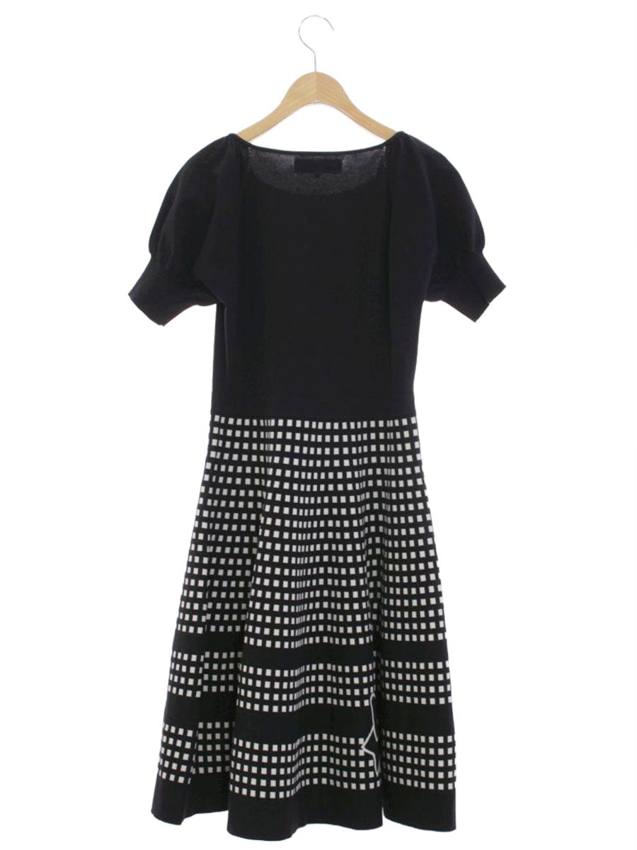 エムズグレイシー 018338 ワンピース 38 ブラック/ホワイト フィット＆フレアニット リボン ITB8XD85PY6O