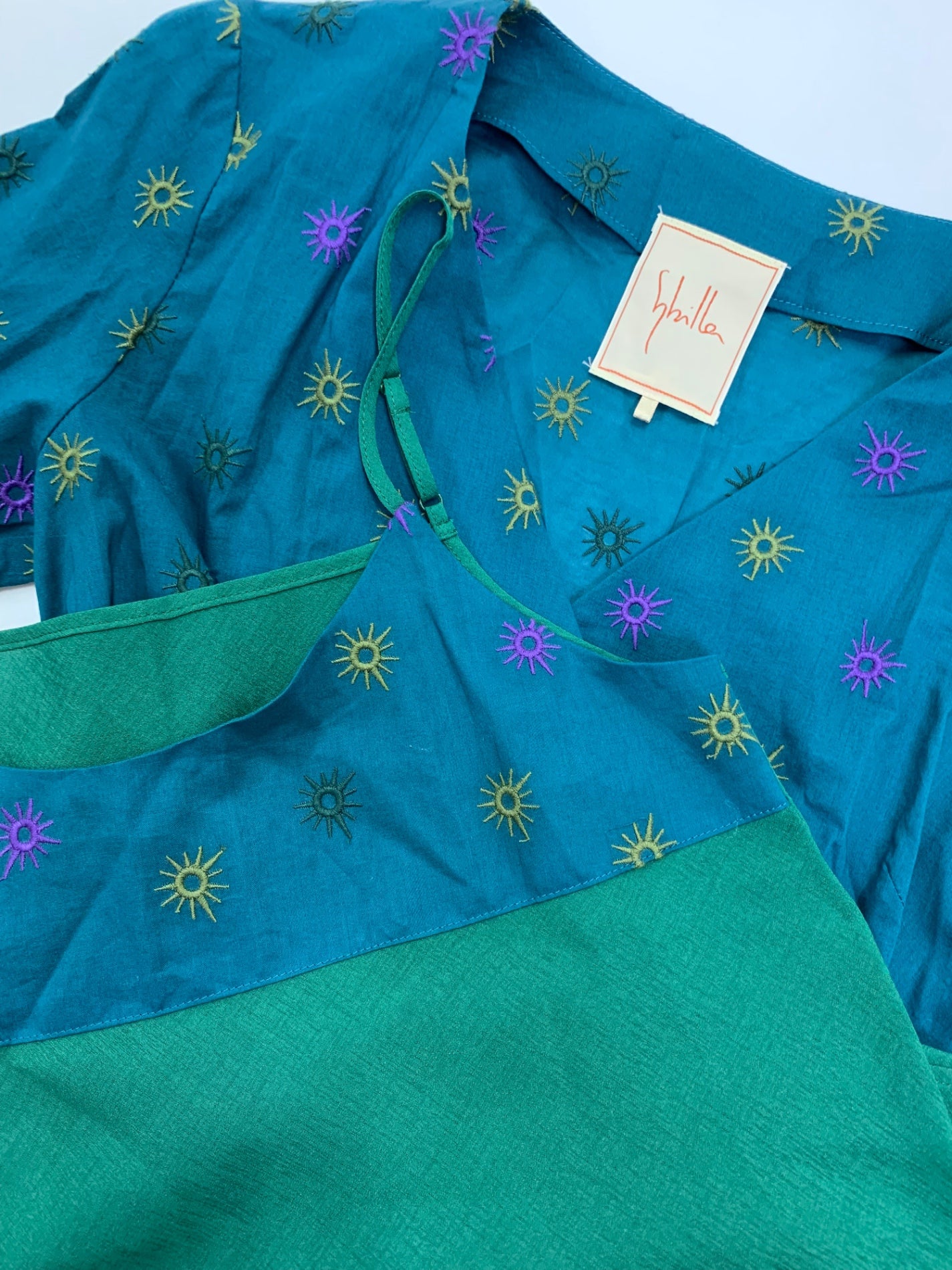 シビラ ワンピース SS グリーン 刺繍 ラップドレス ITVNC9F8APY2