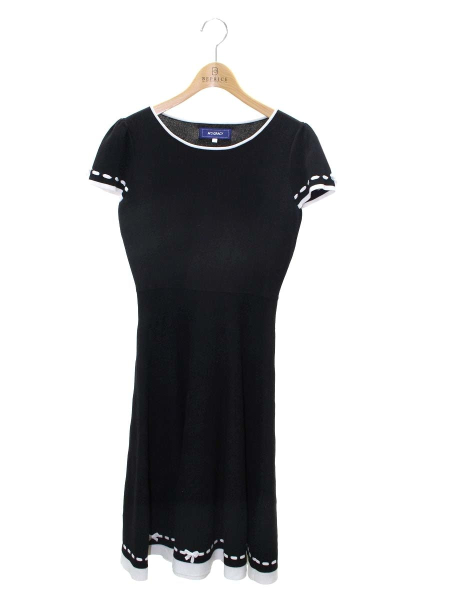 エムズグレイシー 118307 ワンピース 36 ブラック ニット ステッチ 半袖 IT2KF65XINZ8