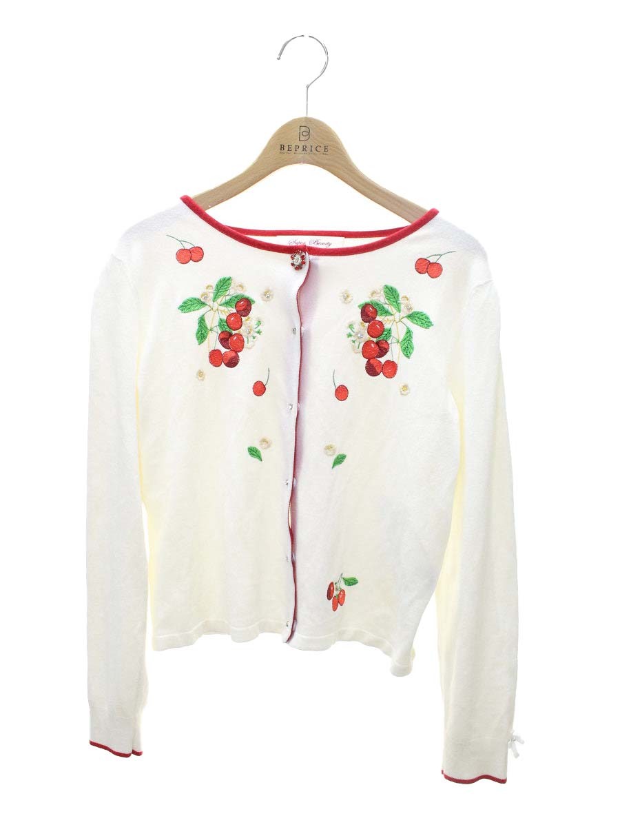 スーパービューティー カーディガン 42 ホワイト ニット  チェリー フラワー刺繍 ストーン付き ITSS3RFEINX4