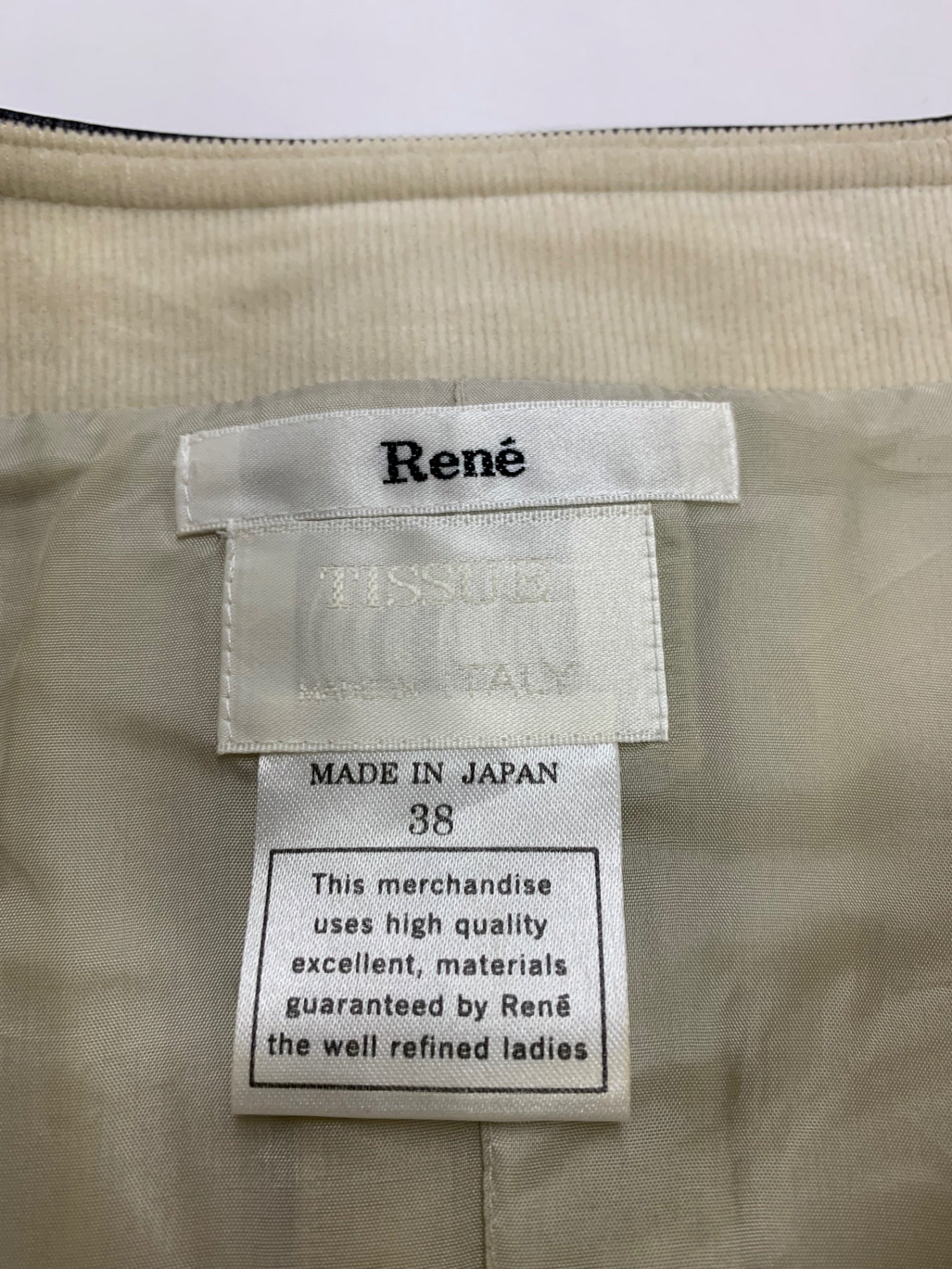 ルネ 6036170  ノーカラーコート 38 アイボリー TISSU コーデュロイ ITQAM9XISYVC