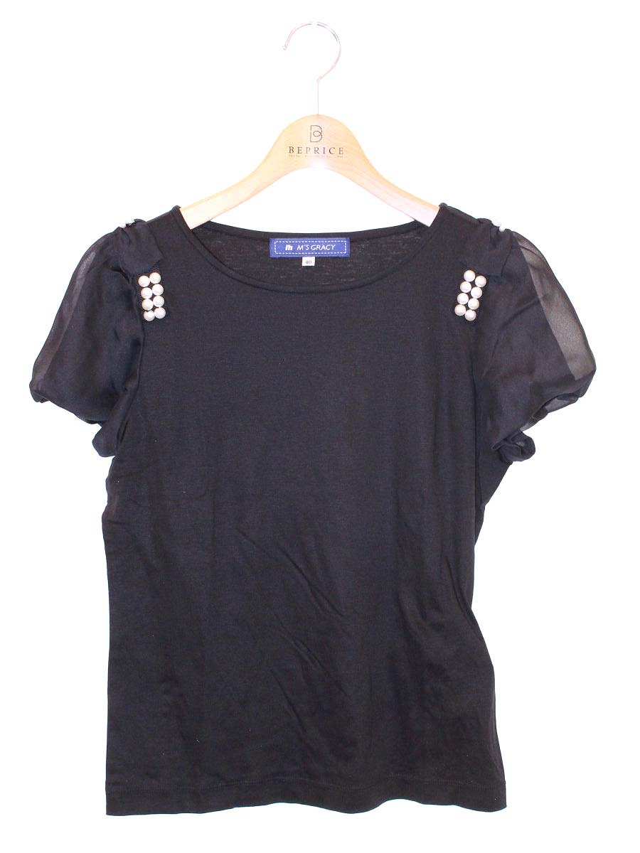 エムズグレイシー 525338 Tシャツ 40 ブラック カットソー フェイクパール ITU3LA1QVLGY