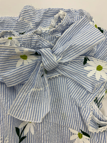 エムズグレイシー 310311 ブラウス 38 ブルー ストライプｘマーガレットモチーフ シアサッカー ITYBN55PPP7S