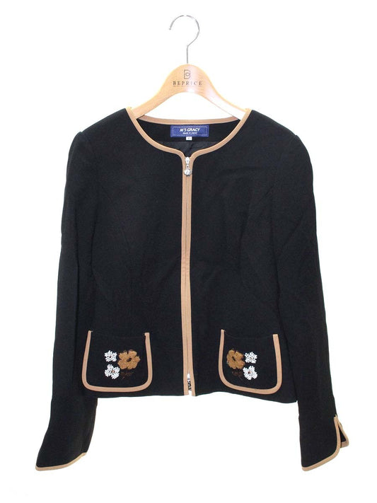 エムズグレイシー 814509 カーディガン 40 ブラック フラワーモチーフ スパンコール ジップアップ ITVYQ2RP4AJU