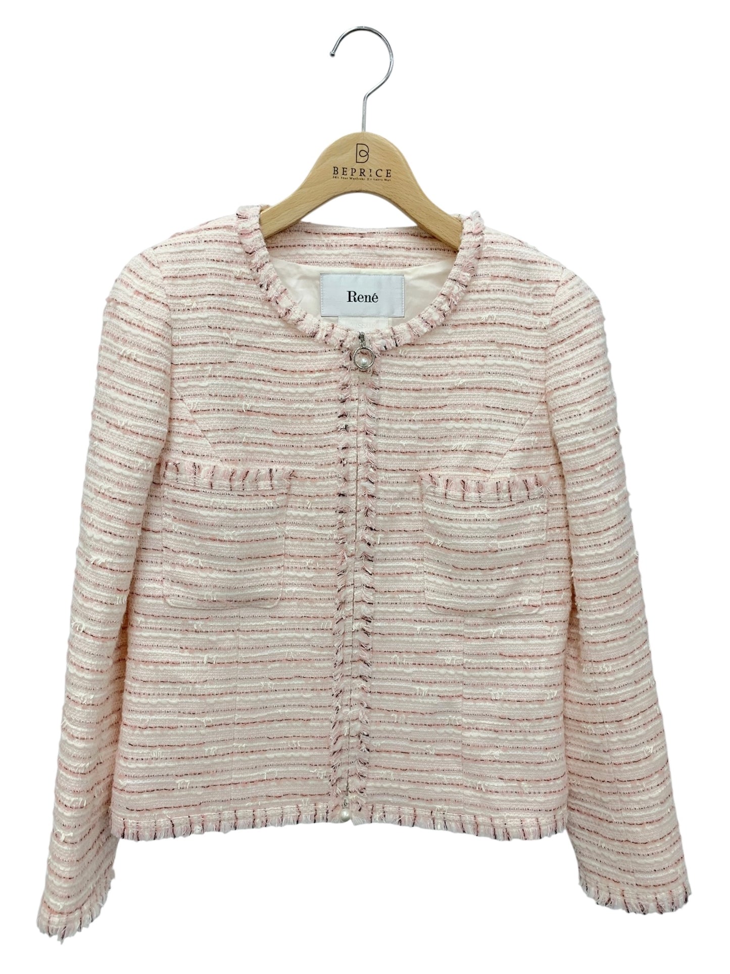 ルネ 6143250 ジャケット 34 ピンク TISSUE ツイード ノーカラー パール ダブルジップ ITXGQY055BVO