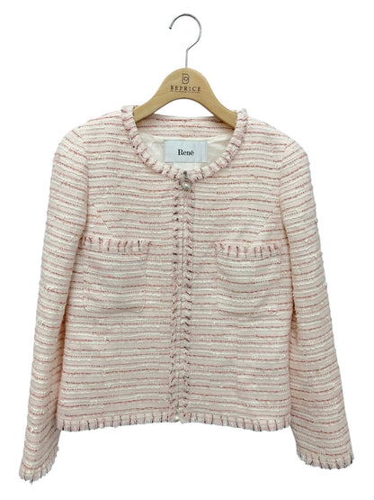 ルネ 6143250 ジャケット 34 ピンク TISSUE ツイード ノーカラー パール ダブルジップ ITXGQY055BVO