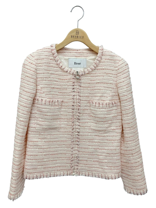 ルネ 6143250 ジャケット 34 ピンク TISSUE ツイード ノーカラー パール ダブルジップ ITXGQY055BVO