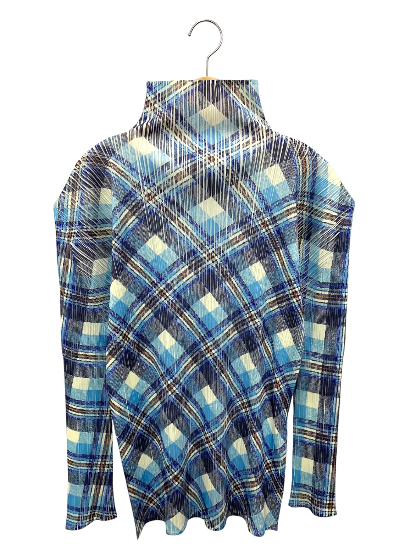 プリーツプリーズイッセイミヤケ PP52-JK604 カットソー 3 ブルー チェック柄 ボトルネック ITEGAFSJ3ETC