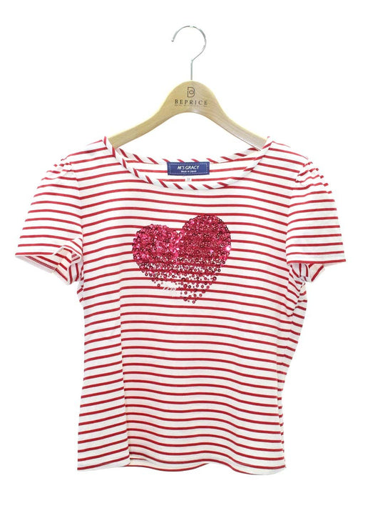 エムズグレイシー 915334 トップス カットソー 38 レッド ボーダー ビーズ ロゴハート ITH2R0M8MEHN