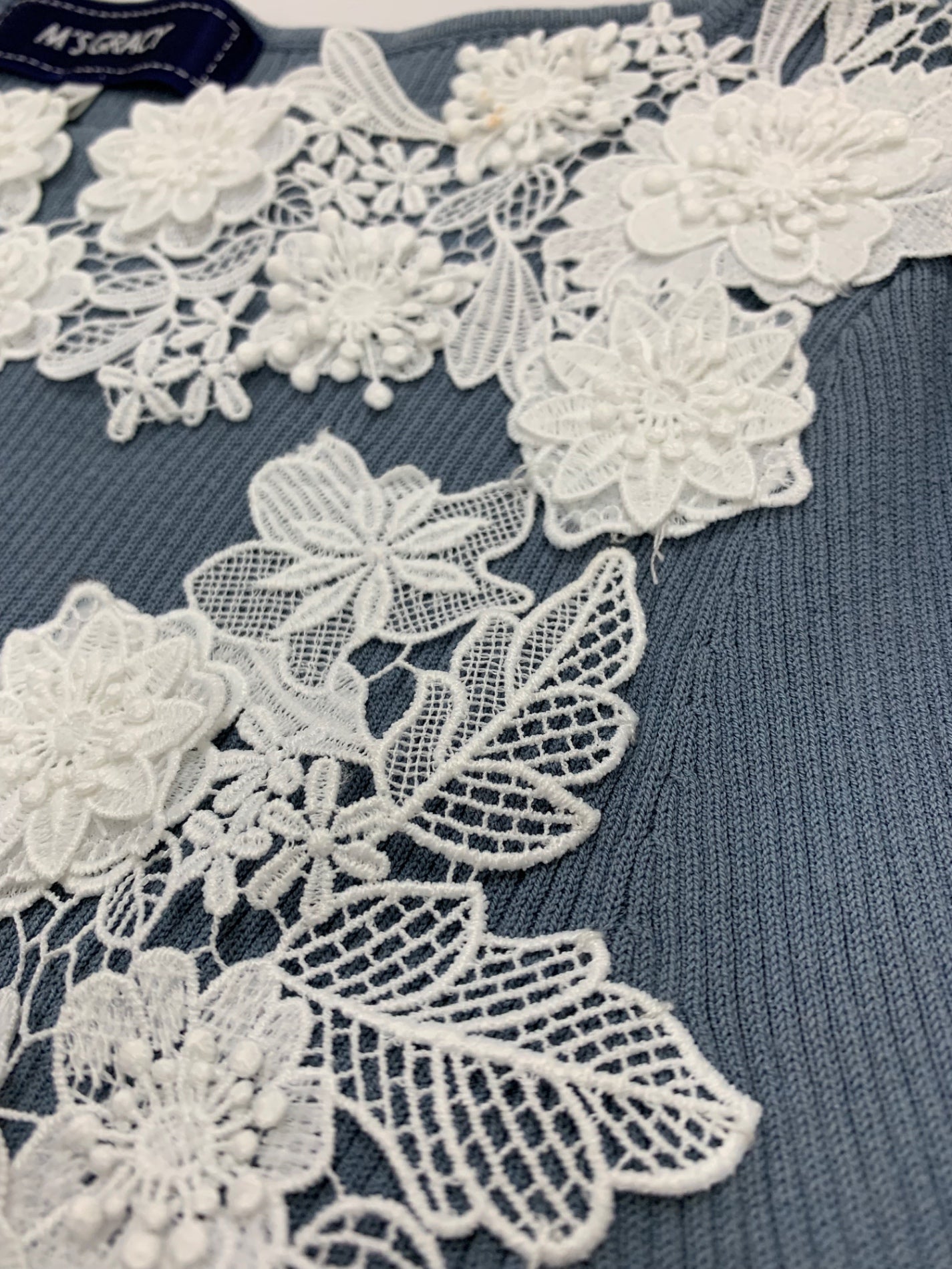 エムズグレイシー 418332 カットソー 38 ライトブルー 刺繍 リブ ITUHX8TPESP4